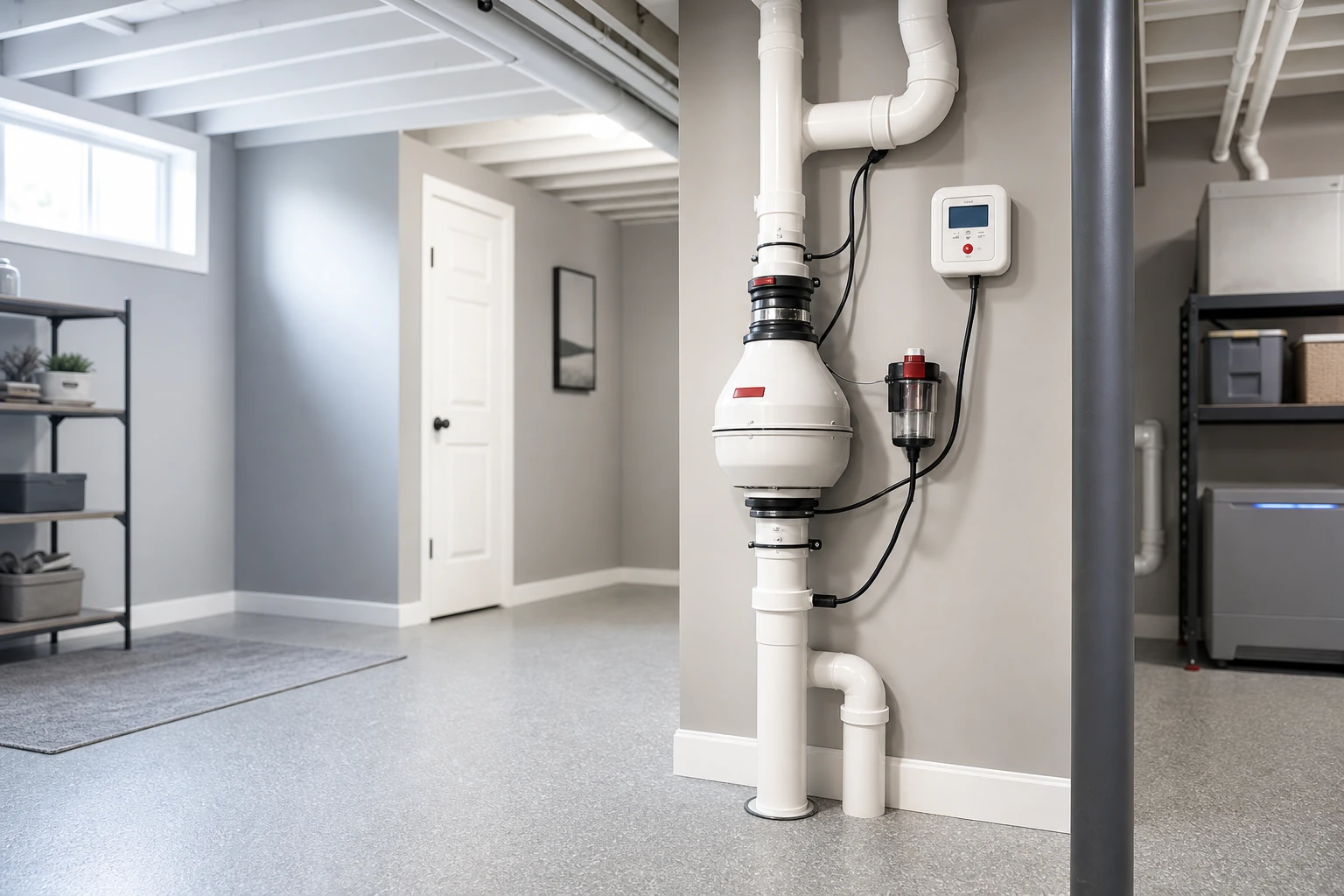 A clean residential basement with a professionally installed radon mitigation system and monitoring equipment.